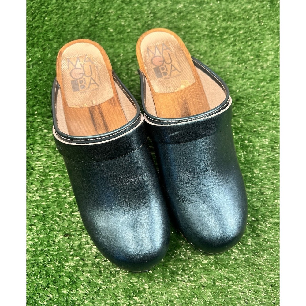 Vintage Maguba Swedish Clogs 36 Wooden Blue Shimmer Disco Clogs US 5